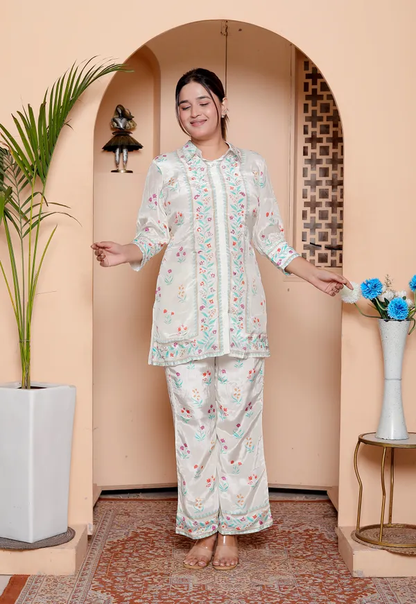 Womens_Floral_Print_Cotton_Party_Wear_Co-Ord_Set_White_With_Multicolor_Flowers