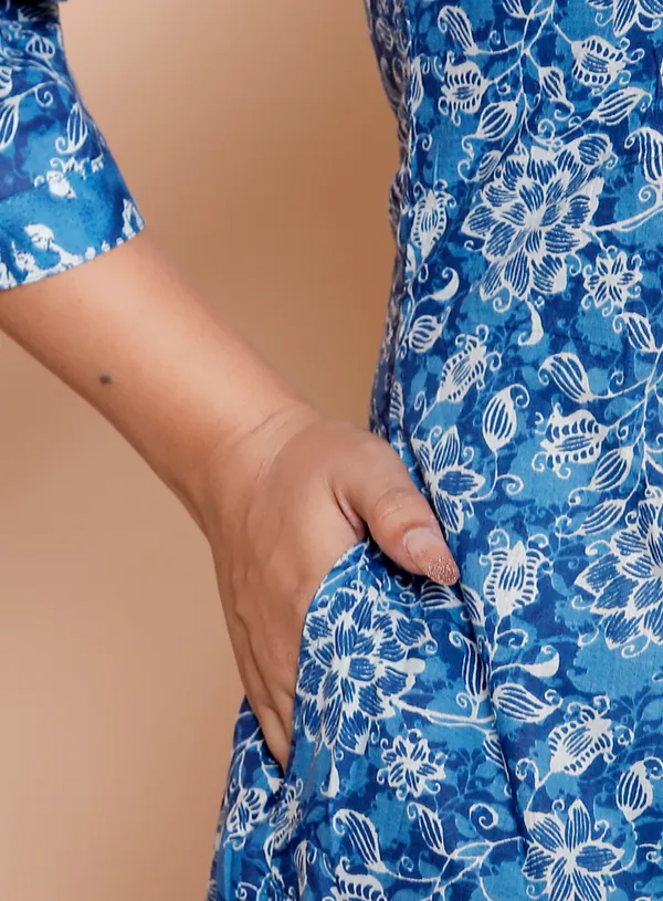 Blue_Floral_Print_Cotton_Kurta_Pant_Set_For_Women
