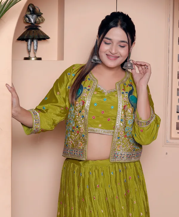 Olive_Green_Embroidered_Crop_Top_With_Skirt_And_Jacket_Set_With_Peacock_Motif_Jacket