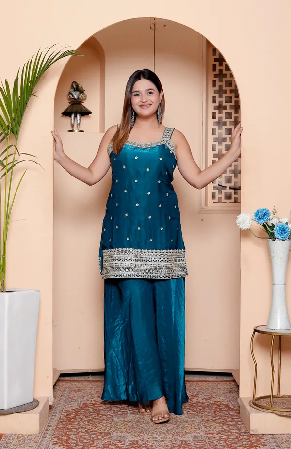 Teal_Blue_Embellished_Ethnic_Suit_Set_With_Palazzo_And_Dupatta