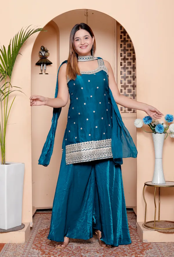 Teal_Blue_Embellished_Ethnic_Suit_Set_With_Palazzo_And_Dupatta