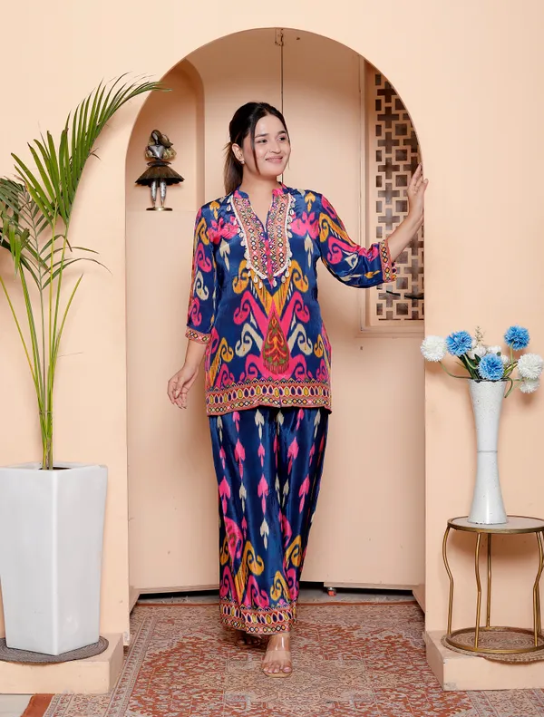 Womens_Vibrant_Ikat_Print_Co-Ord_Set_Navy_Blue_With_Pink_&_Yellow_Motifs
