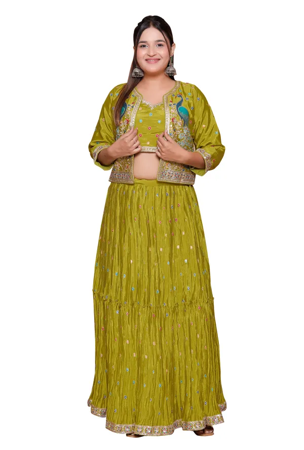 Olive_Green_Embroidered_Crop_Top_With_Skirt_And_Jacket_Set_With_Peacock_Motif_Jacket