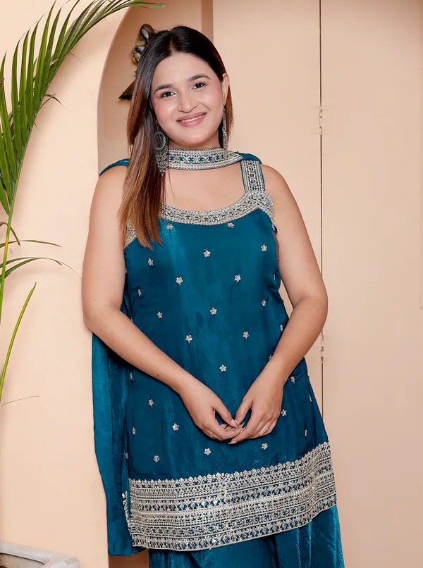 Teal_Blue_Embellished_Ethnic_Suit_Set_With_Palazzo_And_Dupatta