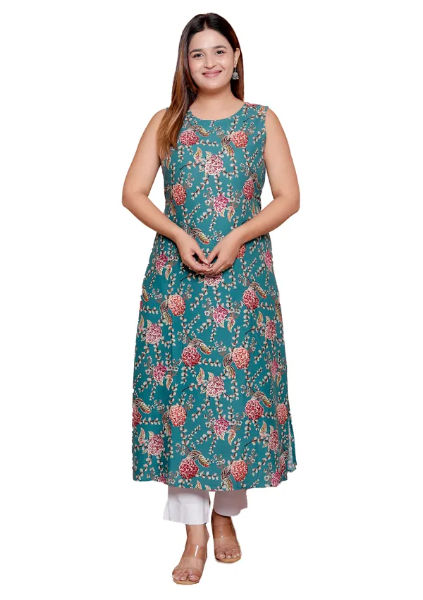 Womens_Teal_Floral_Printed_Sleeveless_A_Line_Maxi_Dress/Kurta