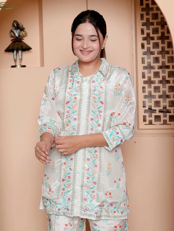 Womens_Floral_Print_Cotton_Party_Wear_Co-Ord_Set_White_With_Multicolor_Flowers