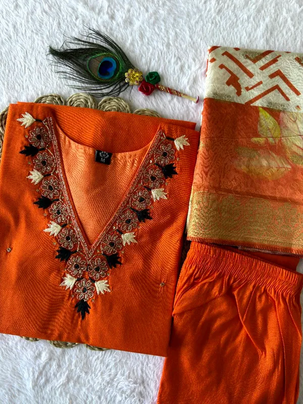 Orange_Roman_Silk_Embroidered_Kurta_Set_With_Dupatta_For_Woman