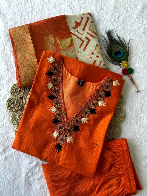Orange_Roman_Silk_Embroidered_Kurta_Set_With_Dupatta_For_Woman