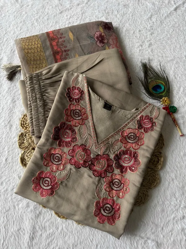 Grey_Roman_Silk_Embroidered_Kurta_Set_With_Floral_Dupatta_For_Woman