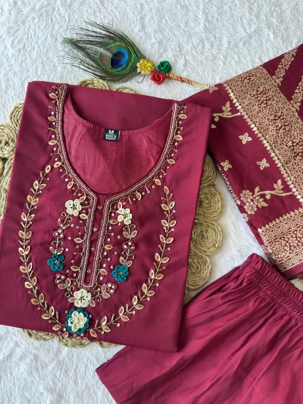 Maroon_Roman_Silk_Embroidered_Kurta_Set_With_Banarasi_Dupatta_For_Woman