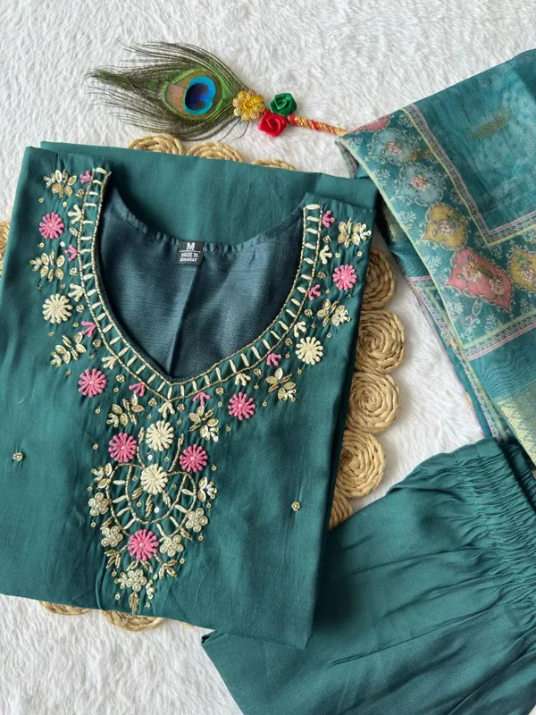 Teal_Roman_Silk_Embroidered_Salwar_Suit_Set_With_Banarasi_Dupatta_For_Woman