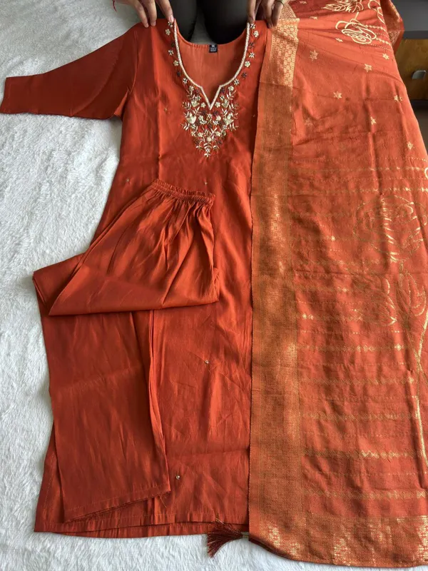 Rust_Orange_Roman_Silk_Embroidered_Kurta_Set_With_Dupatta_For_Woman