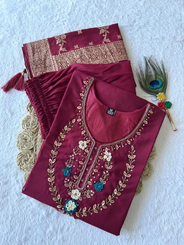 Maroon_Roman_Silk_Embroidered_Kurta_Set_With_Banarasi_Dupatta_For_Woman
