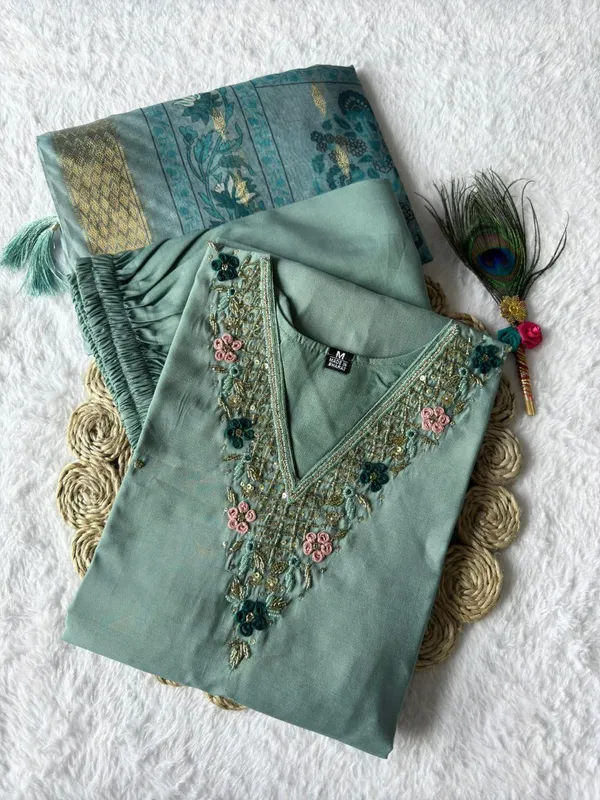Aqua_Blue_Roman_Silk_Embroidered_Kurta_Set_With_Dupatta_For_Woman
