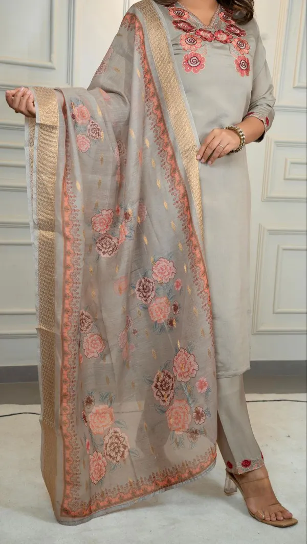 Grey_Roman_Silk_Embroidered_Kurta_Set_With_Floral_Dupatta_For_Woman
