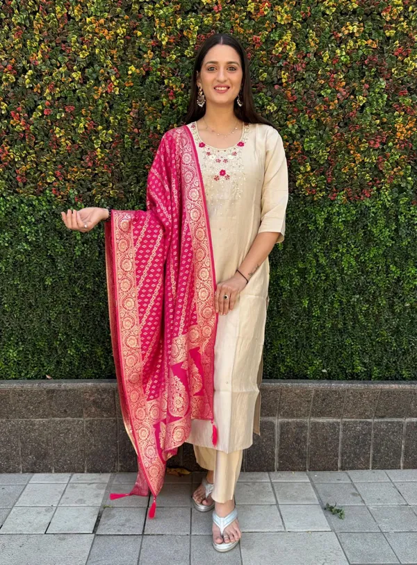 Beige_And_Pink_Roman_Silk_Kurta_Set_With_Banarasi_Dupatta_For_Woman