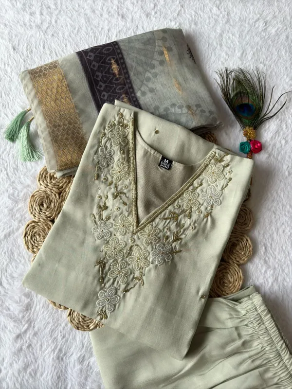 Mint_Green_Roman_Silk_Embroidered_Kurta_Set_With_Striped_Dupatta_For_Woman