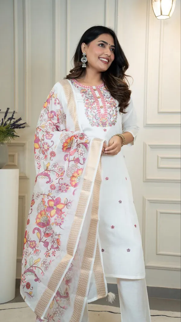 White_Roman_Silk_Embroidered_Ethnic_Kurta_Set_With_Floral_Dupatta_For_Woman