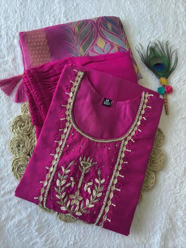 Magenta_Pink_Roman_Silk_Embroidered_Kurta_Set_With_Printed_Dupatta_For_Woman