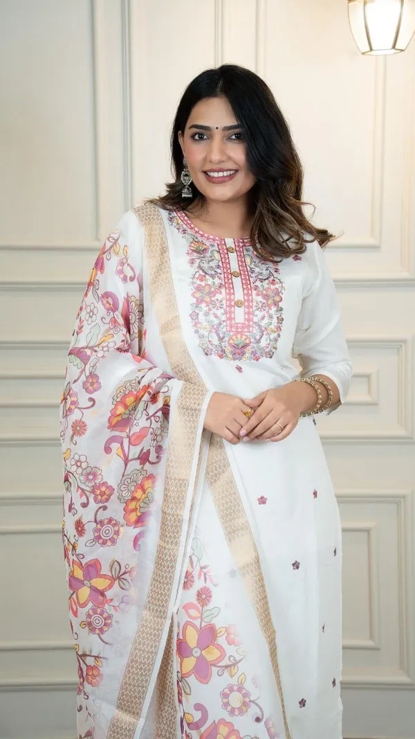 White_Roman_Silk_Embroidered_Ethnic_Kurta_Set_With_Floral_Dupatta_For_Woman