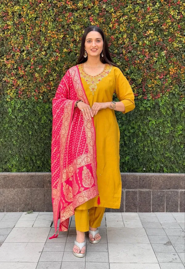 Mustard_Yellow_Roman_Silk_Embroidered_Kurta_Set_With_Banarasi_Dupatta_For_Woman
