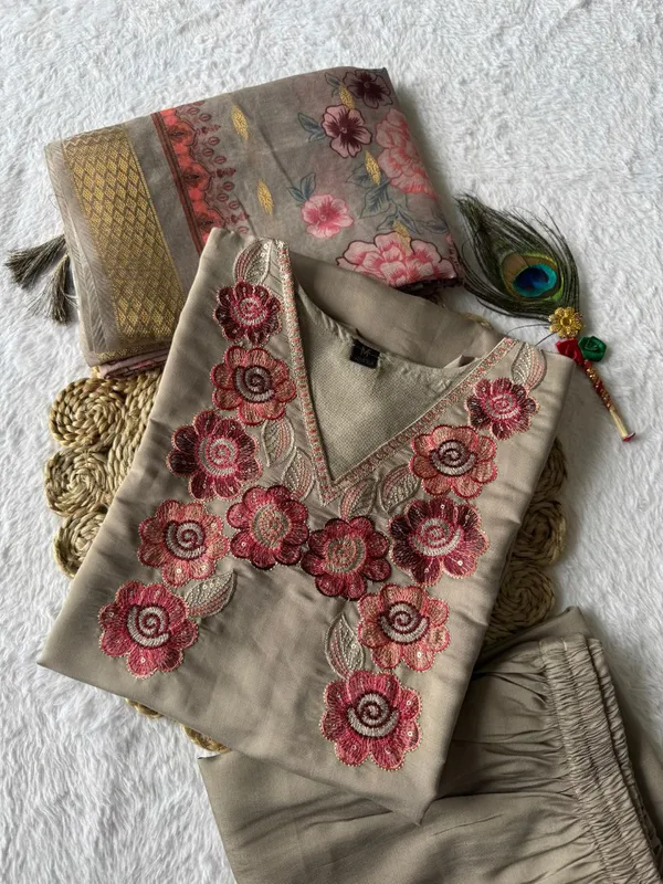 Grey_Roman_Silk_Embroidered_Kurta_Set_With_Floral_Dupatta_For_Woman