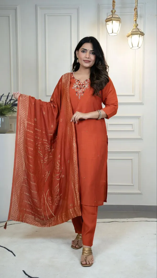 Rust_Orange_Roman_Silk_Embroidered_Kurta_Set_With_Dupatta_For_Woman