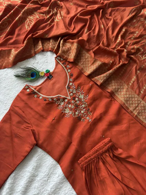 Rust_Orange_Roman_Silk_Embroidered_Kurta_Set_With_Dupatta_For_Woman