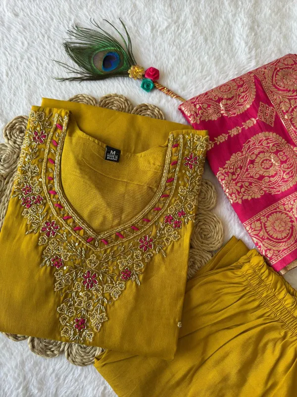 Mustard_Yellow_Roman_Silk_Embroidered_Kurta_Set_With_Banarasi_Dupatta_For_Woman