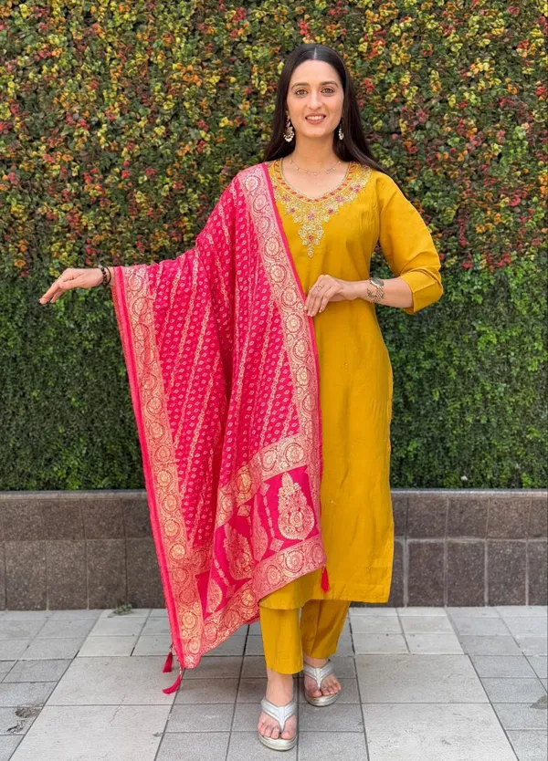 Mustard_Yellow_Roman_Silk_Embroidered_Kurta_Set_With_Banarasi_Dupatta_For_Woman