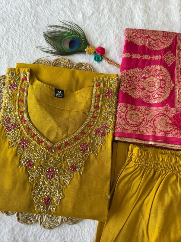 Mustard_Yellow_Roman_Silk_Embroidered_Kurta_Set_With_Banarasi_Dupatta_For_Woman