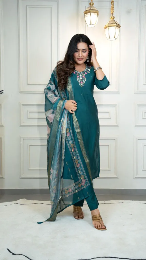 Teal_Roman_Silk_Embroidered_Salwar_Suit_Set_With_Banarasi_Dupatta_For_Woman