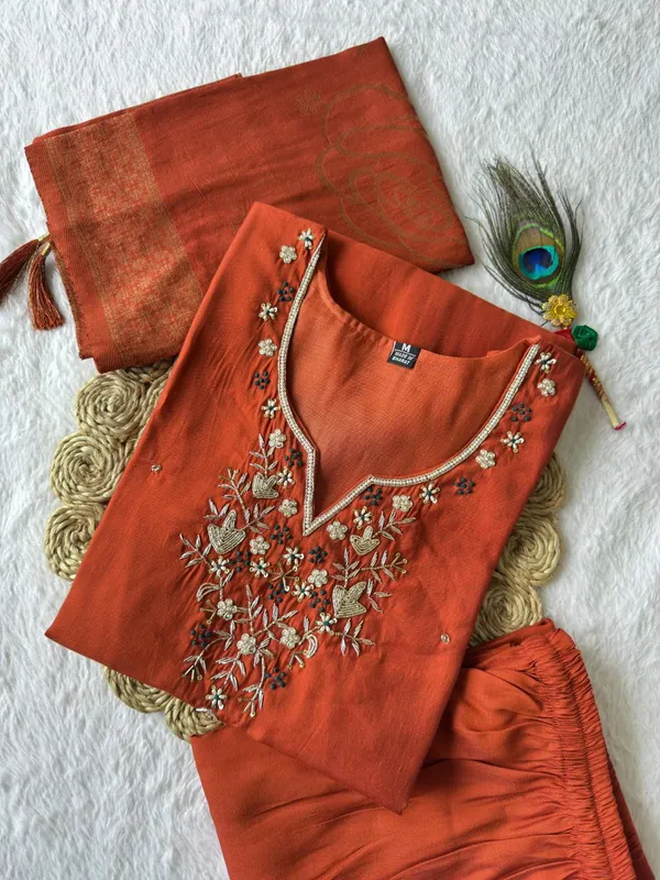 Rust_Orange_Roman_Silk_Embroidered_Kurta_Set_With_Dupatta_For_Woman