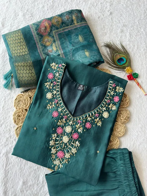 Teal_Roman_Silk_Embroidered_Salwar_Suit_Set_With_Banarasi_Dupatta_For_Woman