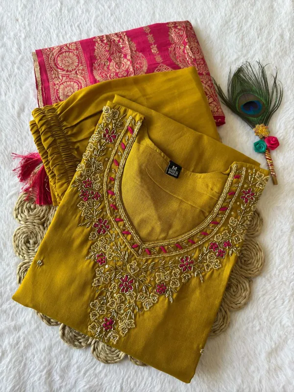 Mustard_Yellow_Roman_Silk_Embroidered_Kurta_Set_With_Banarasi_Dupatta_For_Woman