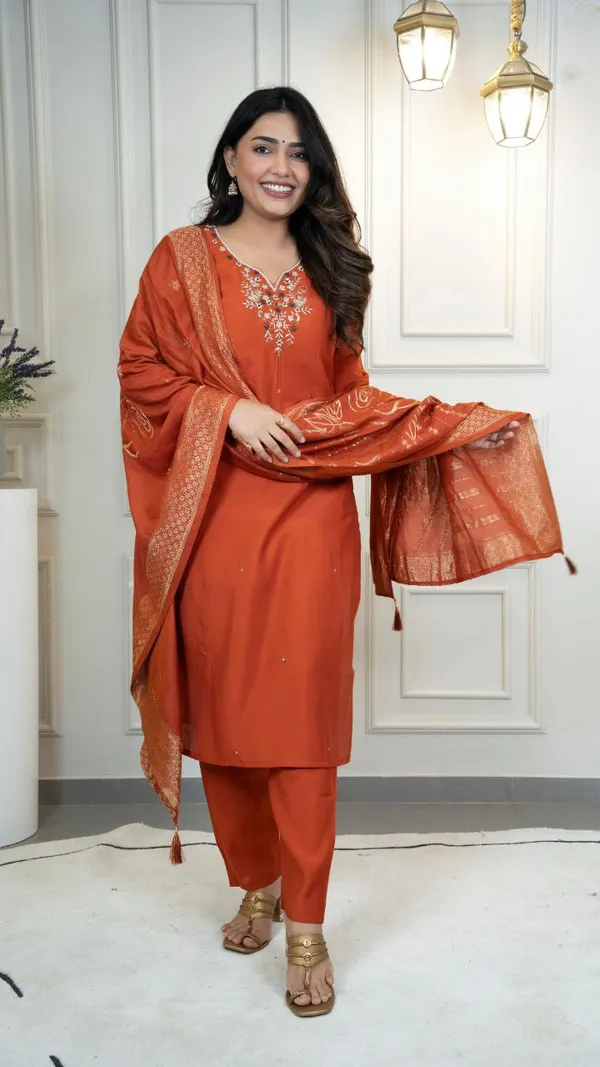 Rust_Orange_Roman_Silk_Embroidered_Kurta_Set_With_Dupatta_For_Woman