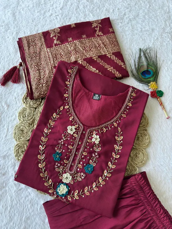Maroon_Roman_Silk_Embroidered_Kurta_Set_With_Banarasi_Dupatta_For_Woman