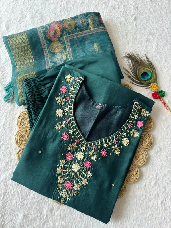 Teal_Roman_Silk_Embroidered_Salwar_Suit_Set_With_Banarasi_Dupatta_For_Woman