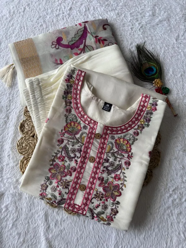 White_Roman_Silk_Embroidered_Ethnic_Kurta_Set_With_Floral_Dupatta_For_Woman