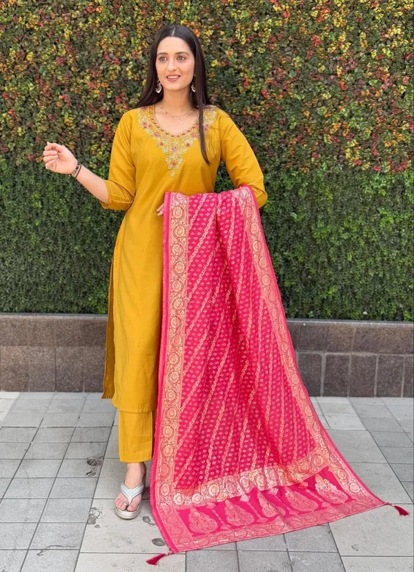 Mustard_Yellow_Roman_Silk_Embroidered_Kurta_Set_With_Banarasi_Dupatta_For_Woman