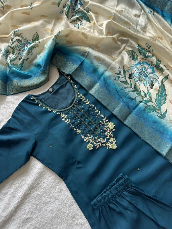 Teal_Blue_Roman_Silk_Embroidered_Kurta_Set_With_Dupatta_For_Woman