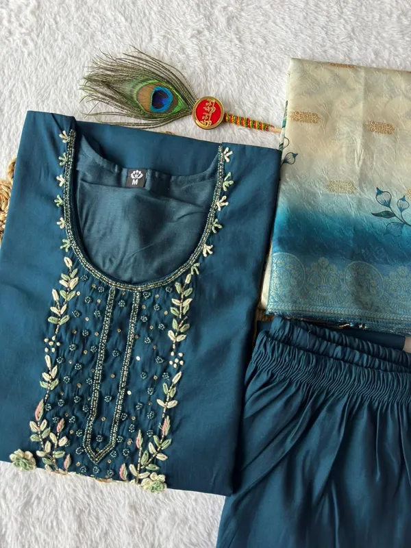 Teal_Blue_Roman_Silk_Embroidered_Kurta_Set_With_Dupatta_For_Woman