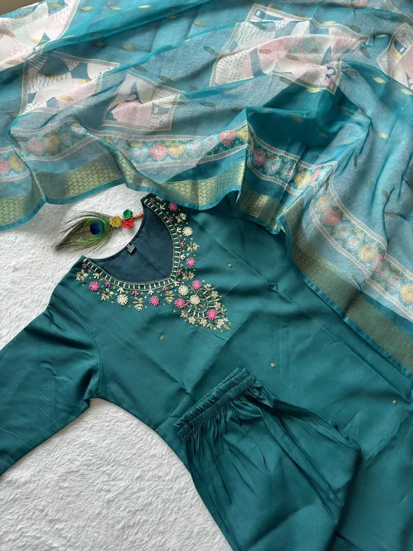 Teal_Roman_Silk_Embroidered_Salwar_Suit_Set_With_Banarasi_Dupatta_For_Woman