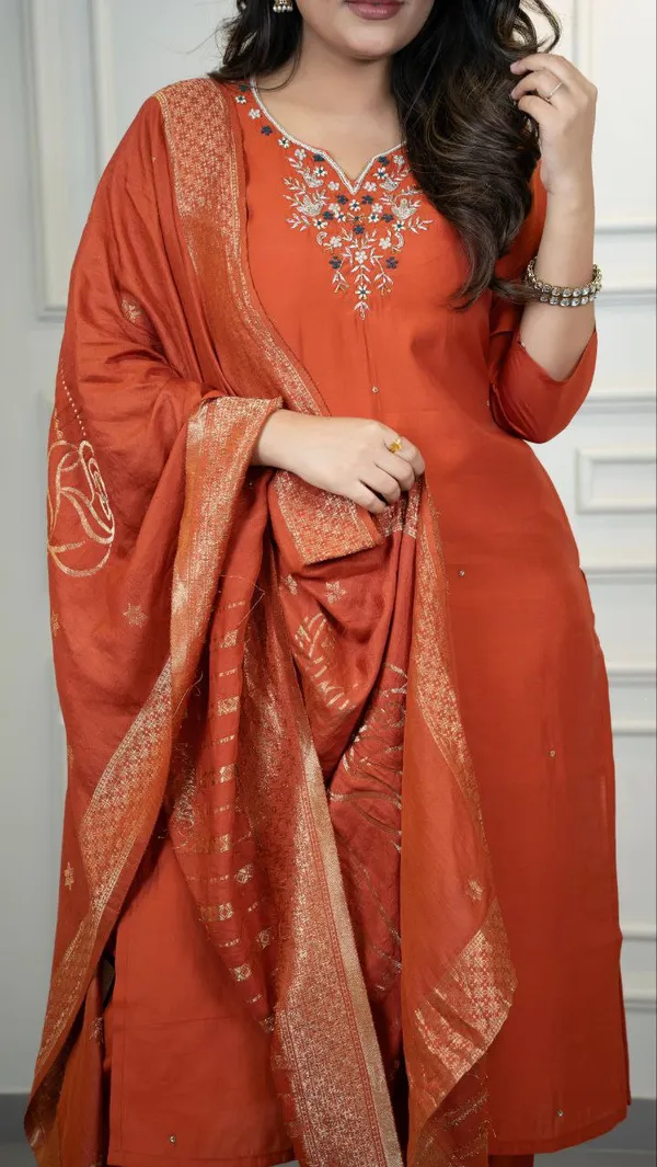 Rust_Orange_Roman_Silk_Embroidered_Kurta_Set_With_Dupatta_For_Woman