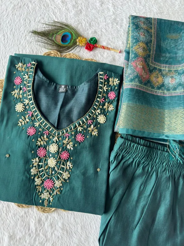Teal_Roman_Silk_Embroidered_Salwar_Suit_Set_With_Banarasi_Dupatta_For_Woman
