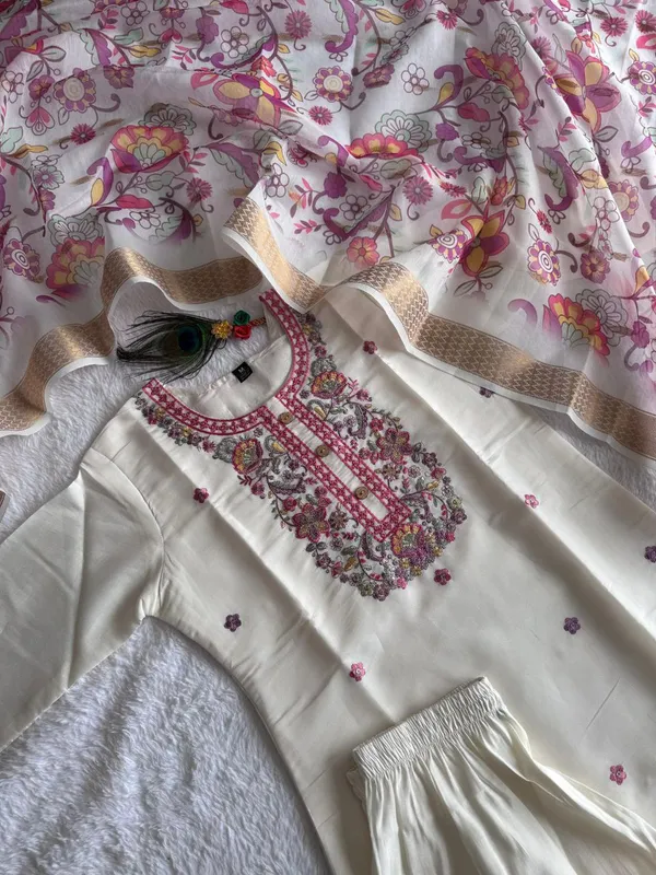 White_Roman_Silk_Embroidered_Ethnic_Kurta_Set_With_Floral_Dupatta_For_Woman
