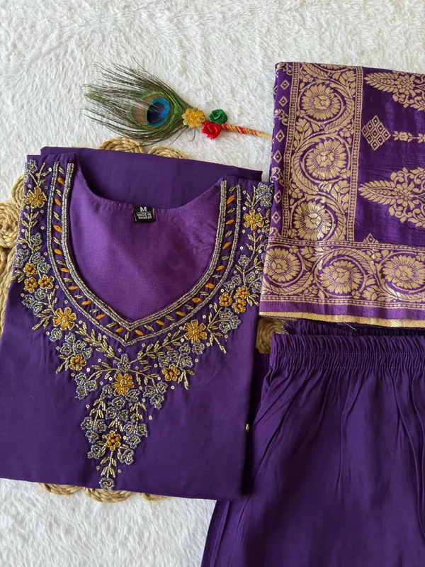 Purple_Roman_Silk_Embroidered_Kurta_Set_With_Banarasi_Dupatta_For_Woman
