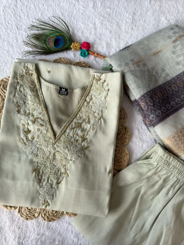 Mint_Green_Roman_Silk_Embroidered_Kurta_Set_With_Striped_Dupatta_For_Woman