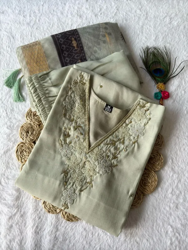 Mint_Green_Roman_Silk_Embroidered_Kurta_Set_With_Striped_Dupatta_For_Woman