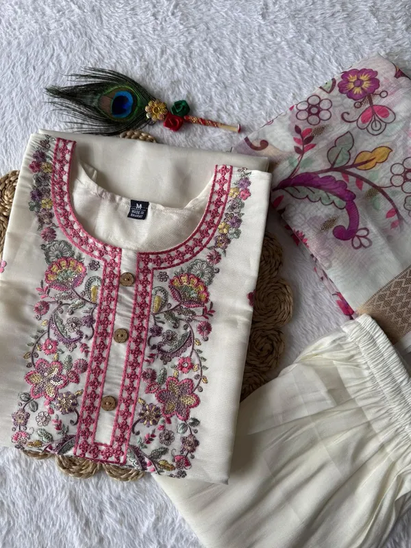 White_Roman_Silk_Embroidered_Ethnic_Kurta_Set_With_Floral_Dupatta_For_Woman